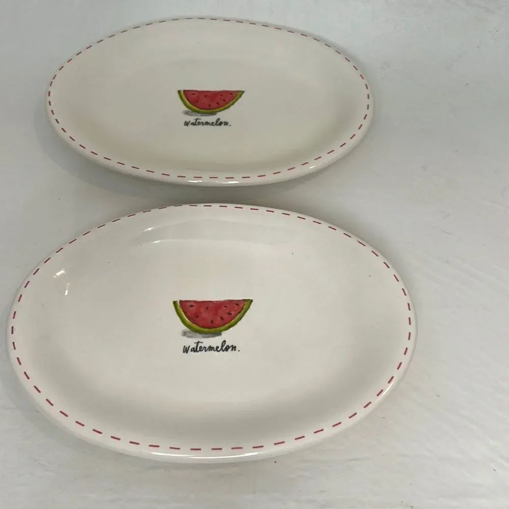 Rae Dunn Artesian Collection Watermelon Set 2 Magenta White Green Red Stitching